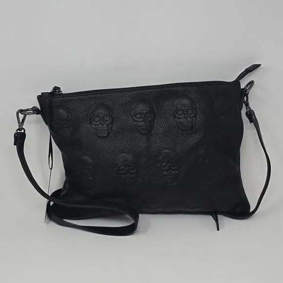 Impeller Black Skull Embossed italian leather crossbody Bag